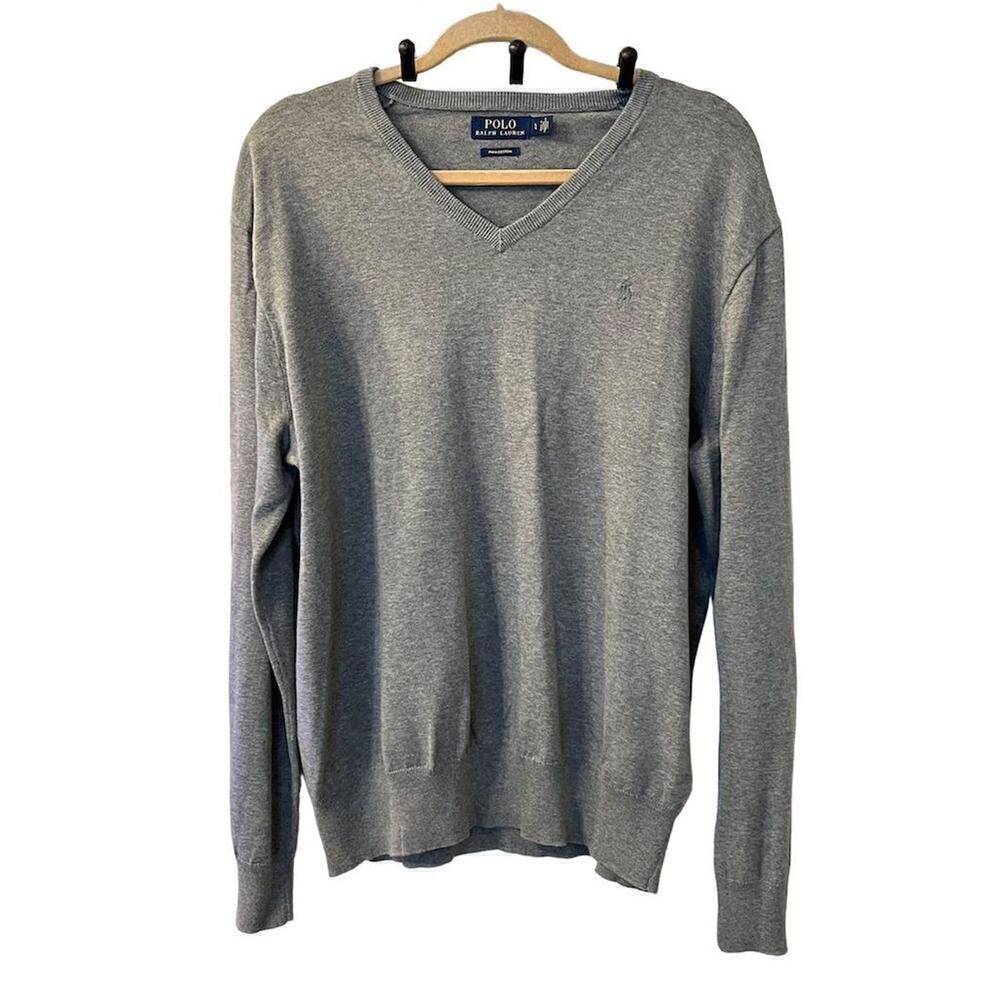 Polo Ralph Lauren Men's V-Neck Pullover Sweater Gray L Preppy Eclectic Grandpa
